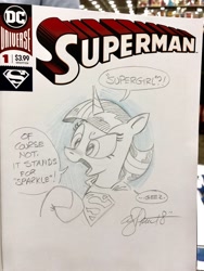 Size: 1536x2048 | Tagged: safe, artist:andypriceart, derpibooru import, twilight sparkle, monochrome, pencil drawing, solo, superman, traditional art