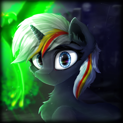 Size: 2000x2000 | Tagged: safe, artist:thefunnysmile, derpibooru import, oc, oc:pyrelight, oc:velvet remedy, balefire phoenix, phoenix, pony, unicorn, fallout equestria, bust, chest fluff, city, ear fluff, fanfic, fanfic art, female, fluffy, horn, looking at you, mare, moon, muzzle fluff, night, portrait, smiling, solo