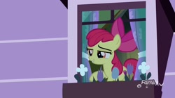 Size: 1920x1080 | Tagged: safe, derpibooru import, screencap, apple bloom, earth pony, pony, school raze, female, filly, flower, foal, solo, window