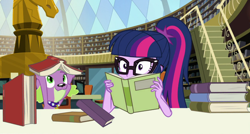 Size: 1392x746 | Tagged: safe, derpibooru import, screencap, sci-twi, spike, spike the regular dog, twilight sparkle, dog, better together, equestria girls, forgotten friendship, book, cropped, duo, library