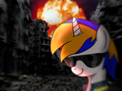 Size: 3300x2474 | Tagged: safe, artist:vbronny, derpibooru import, oc, oc only, oc:retslife, pony, unicorn, fallout equestria, bust, clothes, female, horn, mare, nuclear explosion, ruins, smiling, solo, sunglasses, vault suit