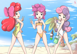 Size: 2923x2067 | Tagged: safe, artist:ryured, derpibooru import, apple bloom, scootaloo, spike, sweetie belle, human, beach, bikini, breasts, clothes, cutie mark crusaders, humanized, one-piece swimsuit, open-back swimsuit, small breasts, smiling, swimsuit, underwear