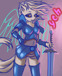 Size: 1500x1841 | Tagged: safe, artist:derpifecalus, derpibooru import, anthro, armor, commission, female, knight, sketch, solo, sword, tail, weapon, wings, your character here