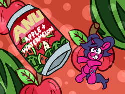 Size: 800x600 | Tagged: safe, artist:threetwotwo32232, derpibooru import, oc, oc only, oc:fizzy pop, pony, unicorn, apple, female, food, mare, soda can, solo, watermelon