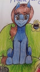 Size: 1836x3264 | Tagged: safe, artist:mya-chan nina, derpibooru import, oc, oc only, oc:frank fang, earth pony, pony, armchair, brown eyes, brown hair, seat, sitting, smiley face, solo, traditional art