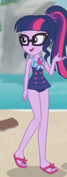 Size: 212x560 | Tagged: safe, derpibooru import, screencap, sci-twi, twilight sparkle, better together, equestria girls, unsolved selfie mysteries, clothes, cropped, feet, flip-flops, geode of telekinesis, magical geodes, solo, swimsuit