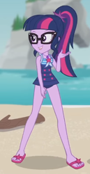 Size: 288x556 | Tagged: safe, derpibooru import, screencap, sci-twi, twilight sparkle, better together, equestria girls, unsolved selfie mysteries, clothes, cropped, feet, flip-flops, geode of telekinesis, magical geodes, solo, swimsuit