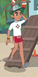 Size: 223x450 | Tagged: safe, derpibooru import, screencap, timber spruce, better together, equestria girls, turf war, arm behind head, arms, cap, clothes, feet, hat, legs, lifeguard, lifeguard timber, sandals, shorts