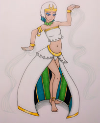 Size: 510x626 | Tagged: safe, artist:metalamethyst, derpibooru import, somnambula, human, belly button, egyptian, egyptian dance, eyeshadow, feet, humanized, legs, makeup, simple background, traditional art, white background