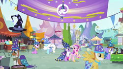 Size: 1280x720 | Tagged: safe, derpibooru import, screencap, amethyst star, cloud kicker, orange blossom, ponet, prim posy, serena, sparkler, star swirl the bearded, warm front, alicorn, earth pony, pegasus, pony, unicorn, three's a crowd, background pony, banner, bell, cloak, clothes, costume, fair, fake beard, female, hat, male, mare, stallion, star swirl the bearded costume, wizard hat