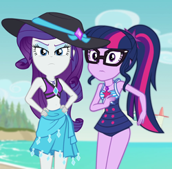 Size: 1022x1004 | Tagged: safe, derpibooru import, screencap, rarity, sci-twi, twilight sparkle, better together, equestria girls, forgotten friendship, beach, belly button, bikini, clothes, cropped, duo, female, geode of shielding, geode of telekinesis, glasses, hat, looking at you, magical geodes, midriff, ponytail, rarity is not amused, sarong, selfie drone, sun hat, swimsuit, unamused