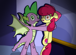 Size: 1533x1110 | Tagged: artist needed, safe, derpibooru import, apple bloom, spike, dragon, against wall, caught, dark, drool, drool string, female, kabedon, kissing, male, older, older spike, shipping, spikebloom, straight, winged spike