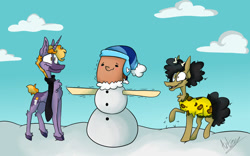 Size: 1024x641 | Tagged: safe, artist:bowdownbeforeizpg, derpibooru import, oc, oc:candle flicker, oc:ooga, oc:paper bag, earth pony, pony, unicorn, bone, clothes, cloud, hat, paper bag, scarf, sky, snow