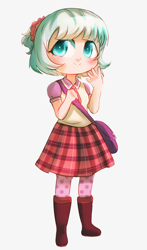 Size: 2017x3428 | Tagged: safe, artist:rizzych, derpibooru import, coco pommel, human, anime, bag, boots, chibi, clothes, cute, digital art, female, flower, flower in hair, human female, humanized, plaid skirt, purse, shoes, simple background, skirt, solo, white background