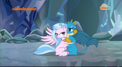 Size: 1047x576 | Tagged: safe, derpibooru import, screencap, gallus, silverstream, classical hippogriff, griffon, hippogriff, what lies beneath, cave, cute, diastreamies, duo, female, gallabetes, hug, lidded eyes, male, nickelodeon, nightmare cave, shipping fuel