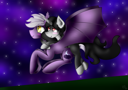 Size: 2628x1852 | Tagged: safe, artist:endergurl22, derpibooru import, oc, bat pony, bat pony oc, blushing, commission, duo, flying, night, night sky, sky, story included