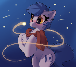 Size: 1280x1130 | Tagged: safe, artist:rileyisherehide, derpibooru import, oc, oc only, oc:blueberry, firefly (insect), bipedal, blushing, chest fluff, clothes, cute, cutie mark, hooves, night, scarf, solo, stars, surprised