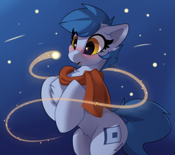 Size: 1280x1130 | Tagged: safe, artist:rileyisherehide, derpibooru import, oc, oc only, oc:blueberry, firefly (insect), bipedal, blushing, chest fluff, clothes, cute, cutie mark, hooves, night, scarf, solo, stars, surprised