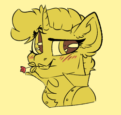 Size: 564x537 | Tagged: safe, artist:spoopygander, derpibooru import, oc, oc only, oc:gold star, pony, unicorn, blushing, chest fluff, clothes, ear fluff, earsmiling, female, flower, flower in mouth, heart eyes, jacket, looking at you, mare, monochrome, mouth hold, raised eyebrow, simple background, solo, wingding eyes