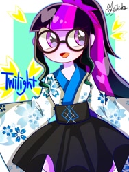 Size: 900x1200 | Tagged: safe, artist:yuyutsuka_0130, derpibooru import, sci-twi, twilight sparkle, equestria girls, female, glasses, no nose, solo, yukata