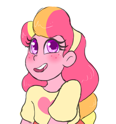 Size: 1280x1365 | Tagged: safe, artist:jankybones, derpibooru import, oc, oc only, oc:honeycrisp blossom, equestria girls, clothes, eyelashes, female, freckles, hairband, offspring, parent:big macintosh, parent:princess cadance, parents:cadmac, shirt, simple background, solo, white background