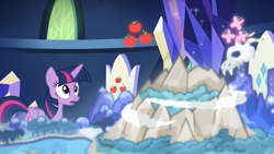 Size: 1920x1080 | Tagged: safe, derpibooru import, screencap, twilight sparkle, twilight sparkle (alicorn), alicorn, pony, sounds of silence, arimaspi territory, cutie map, female, friendship throne, mare, mountain, peaks of peril, throne, twilight's castle