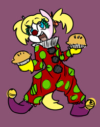 Size: 1059x1352 | Tagged: safe, artist:spheedc, derpibooru import, oc, oc only, earth pony, semi-anthro, bells, bipedal, clothes, clown, clown makeup, clown nose, collar, digital art, female, food, mare, pie, pigtails, ruff (clothing), simple background, solo