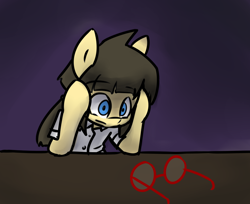 Size: 988x808 | Tagged: safe, artist:spheedc, derpibooru import, oc, oc only, oc:sphee, earth pony, pony, clothes, digital art, existential crisis, female, filly, glasses, gradient background, mare, pigtails, solo, table