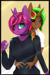 Size: 2000x3000 | Tagged: safe, artist:chapaevv, derpibooru import, oc, oc only, oc:rainy dark, oc:spectral shine, anthro, anthro oc, bathroom, clothes, collar, commission, couple, female, hug, lesbian, shipping, toothbrush