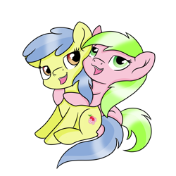 Size: 1024x1024 | Tagged: safe, artist:rainbowtashie, derpibooru import, apple flora, sweet tooth, earth pony, pony, apple family member, duo, female, hug, mare, simple background, transparent background