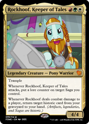 Size: 375x523 | Tagged: safe, derpibooru import, edit, screencap, rockhoof, earth pony, pony, a rockhoof and a hard place, beard, blaze (coat marking), braid, ccg, chalkboard, cropped, facial hair, magic the gathering, male, moustache, rockhoof's shovel, stallion, trading card, trading card edit