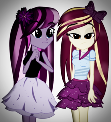 Size: 730x800 | Tagged: safe, artist:galacticflashd, derpibooru import, oc, oc only, oc:lavender floralis, oc:styler selvano, equestria girls, clothes, flower, hair bow, skirt