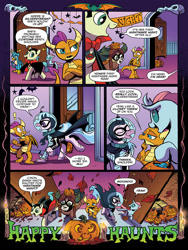 Size: 768x1024 | Tagged: safe, artist:andypriceart, derpibooru import, idw, gallus, ocellus, sandbar, silverstream, smolder, yona, changedling, changeling, classical hippogriff, dragon, earth pony, griffon, hippogriff, pony, yak, spoiler:comic, spoiler:comic71, batman, clothes, comic, costume, dragoness, female, male, nightmare night, nightmare night costume, official comic, preview, speech bubble, student six, teenager