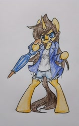 Size: 2540x4050 | Tagged: safe, artist:spheedc, derpibooru import, oc, oc only, oc:dream chaser, semi-anthro, unicorn, bipedal, clothes, female, jacket, mare, rule 63, simple background, solo, traditional art, umbrella, white background