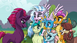 Size: 6280x3517 | Tagged: safe, artist:celestial-rainstorm, derpibooru import, fizzlepop berrytwist, gallus, ocellus, sandbar, silverstream, smolder, tempest shadow, yona, pony, high res, student six