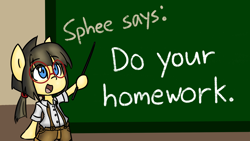 Size: 2732x1536 | Tagged: safe, artist:spheedc, derpibooru import, oc, oc:sphee, earth pony, semi-anthro, bipedal, chalkboard, clothes, digital art, female, filly, glasses, mare, pigtails, solo, teacher, teaching