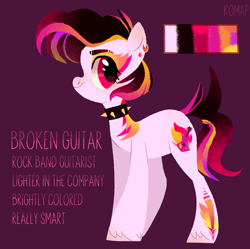 Size: 3520x3512 | Tagged: safe, artist:hamterinthebulb, derpibooru import, oc, oc only, oc:broken guitar, earth pony, pony, choker, ear piercing, earring, female, jewelry, mare, piercing, purple background, reference sheet, simple background, solo, spiked choker, tattoo