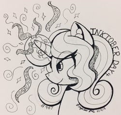 Size: 2301x2180 | Tagged: safe, artist:floofyfoxcomics, derpibooru import, oc, oc:autumn science, pony, unicorn, bust, female, inktober, magic, mare, monochrome, portrait, solo, traditional art