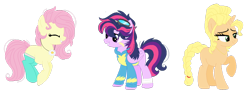 Size: 1024x367 | Tagged: safe, artist:bezziie, derpibooru import, applejack, fluttershy, twilight sparkle, twilight sparkle (alicorn), alicorn, pony, clothes, race swap, simple background, transparent background, uniform, wonderbolt trainee uniform