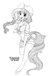 Size: 970x1500 | Tagged: safe, artist:starshinebeast, derpibooru import, oc, oc only, oc:bubble lee, anthro, unguligrade anthro, unicorn, anthro oc, belly button, braid, clothes, cowboy hat, female, front knot midriff, hat, mare, midriff, monochrome, shorts, sketch, solo, stetson