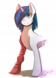 Size: 1280x1772 | Tagged: safe, artist:stupidyou3, derpibooru import, oc, oc only, oc:sorrow, pony, unicorn, amputee, bionic arm, female, hair over one eye, halfbody, horn, mare, prosthetic limb, prosthetics, simple background, solo, unicorn oc, white background