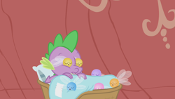 Size: 1280x720 | Tagged: safe, derpibooru import, screencap, spike, dragon, parasprite, swarm of the century, basket, blanket, eyes closed, golden oaks library, male, pillow, sleeping, solo