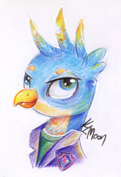 Size: 786x1152 | Tagged: safe, artist:lailyren, artist:moonlight-ki, derpibooru import, gallus, griffon, bust, clothes, male, solo, traditional art