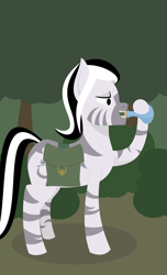 Size: 1821x3000 | Tagged: safe, artist:alltimemine, derpibooru import, oc, oc only, oc:boiling cauldron, zebra, cutie mark, female, forest, hoof hold, hooves, inkscape, lineless, mare, potion, profile, saddle bag, smiling, solo, teeth, tree, vector