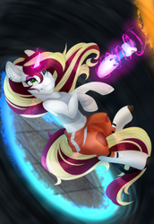 Size: 2500x3634 | Tagged: safe, artist:jacobdawz, derpibooru import, oc, oc only, oc:vanilla reddagger, pony, unicorn, clothes, cosplay, costume, heterochromia, long fall horseshoe, loop, portal, portal (valve), portal gun, solo, video game