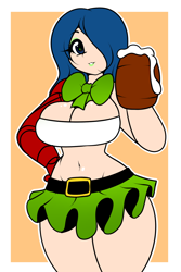 Size: 1000x1500 | Tagged: safe, artist:kloudmutt, derpibooru import, oc, oc only, oc:sorrow, human, alcohol, beautiful, beer, belly button, belt, bionic arm, bowtie, clothes, cute, explicit source, female, green lipstick, holiday, humanized, humanized oc, lipstick, midriff, miniskirt, moe, saint patrick's day, skirt, solo, thighs