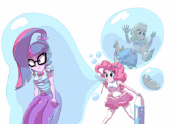 Size: 4400x3200 | Tagged: safe, artist:hananpacha, derpibooru import, applejack, pinkie pie, sci-twi, twilight sparkle, better together, equestria girls, applejack's hat, blowing bubbles, bubble, bubble wand, cowboy hat, female, floating, glasses, hat, in bubble, ponytail, simple background, trapped, trio, white background