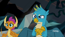 Size: 1920x1080 | Tagged: safe, derpibooru import, screencap, gallus, smolder, dragon, griffon, what lies beneath, angry, beak, crossed arms, dragoness, duo, female, gallus is not amused, male, spread wings, wings