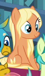 Size: 248x412 | Tagged: safe, derpibooru import, screencap, amber grain, gallus, sandbar, earth pony, griffon, pony, a rockhoof and a hard place, background pony, cropped, cute, female, friendship student, male, mare, sitting, smiling, solo focus