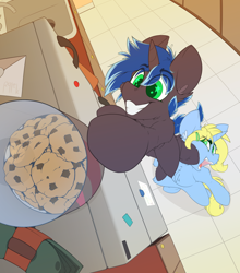 Size: 2420x2754 | Tagged: safe, artist:ralek, derpibooru import, oc, oc only, oc:art's desire, oc:lock down, pony, unicorn, cash, cookie, cookie jar, cookie thief, cute, explicit source, facehoof, female, filly, fisheye lens, foal, food, happy, kitchen, letter, magnet, male, mare, money, ocbetes, perspective, refrigerator, smiling, stallion, tile, wingding eyes